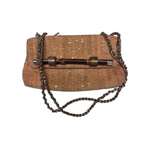Elaine Turner Cork Bamboo Clutch Gold Metallic Shoulder Bag Bronze Tan Pink Logo